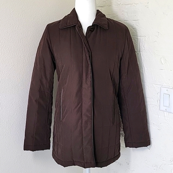 Cole Haan Jacket Coat Quilted Lambskin Thermore Floral Lined Brown Pockets XS